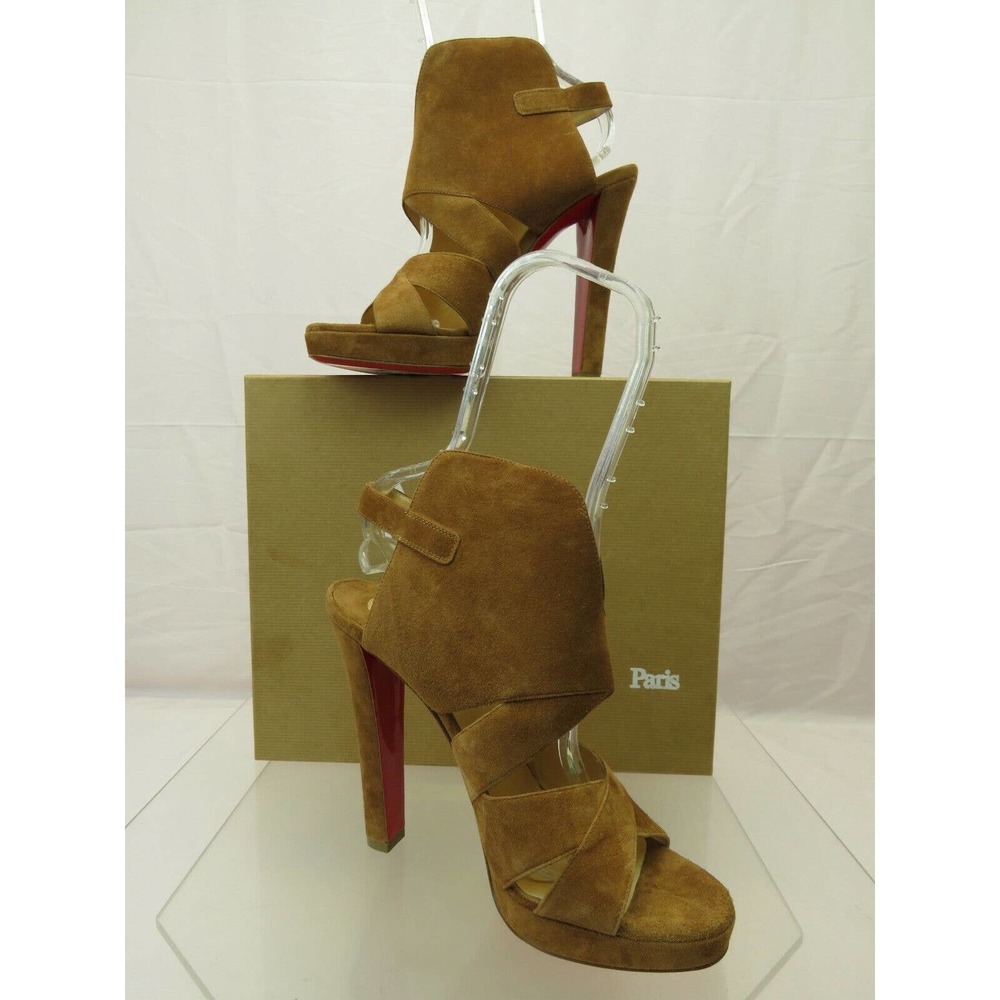 NIB LOUBOUTIN APRON LILI 120 BROWN SUEDE CRISSCROSS PLATFORM PUMPS 40.5 ITALY - Picture 10 of 12